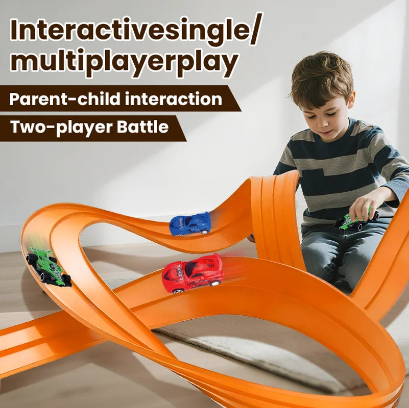 Diy Flexible Race Track Children Toys Double-Track Racing Car Ramp Track Compatible 1/64th Cars Portable Rolls Up Race Tracks