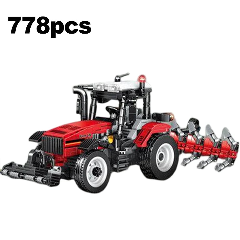Educational Building Block Set Harvesting Locomotive with Five-Plow Tractor Cotton Picker Car Crane Arm Trailer for Kids Toy