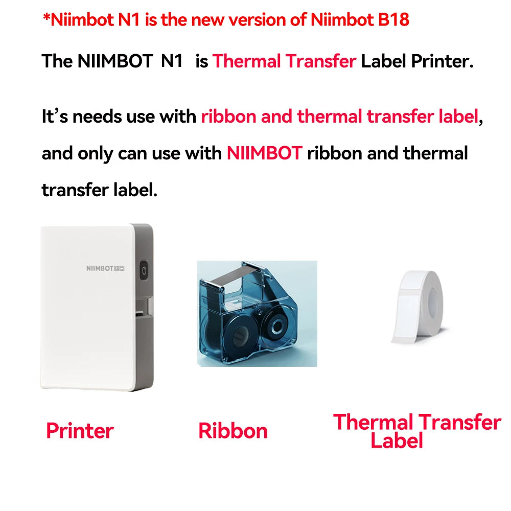 Niimbot N1/B18 Thermal Transfer Label Printer Self-Adhesive Waterproof Cord Labels Tag Wireless Label Maker Cable with Ribbon