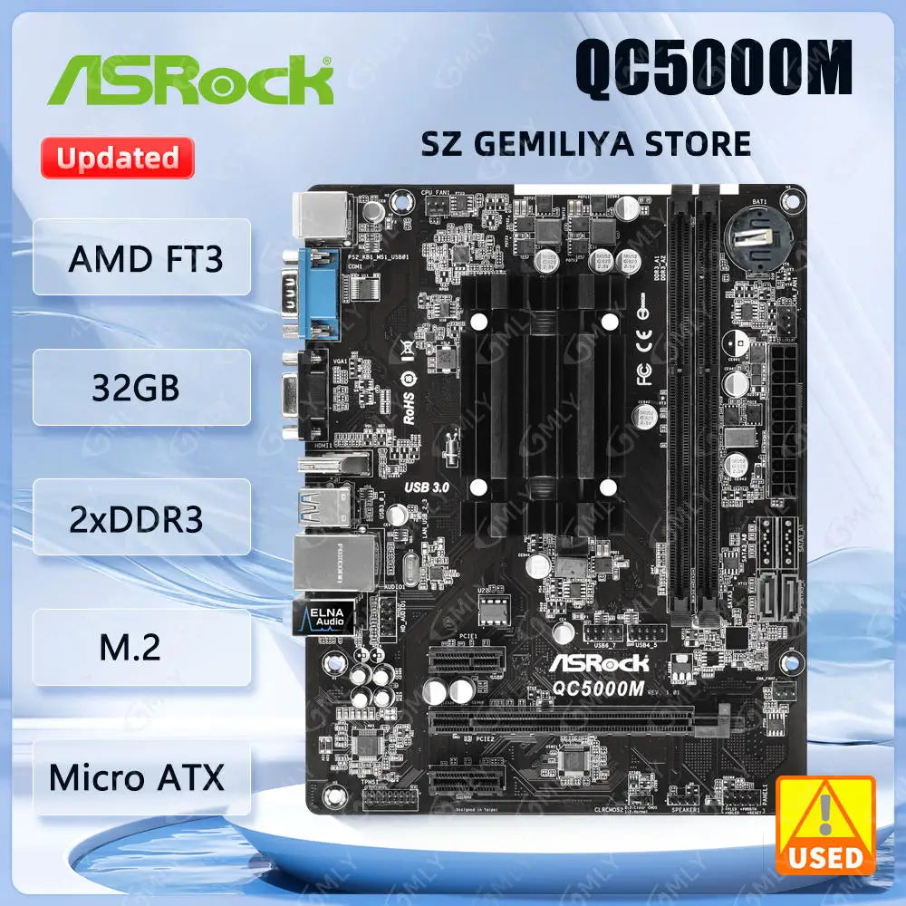 ASRock QC5000M motherboard Integrated AMD Radeon HD 8330 Graphics AMD FT3 Kabini A4-5050/5000 Quad-Core APU DDR3 32GB M-ATX