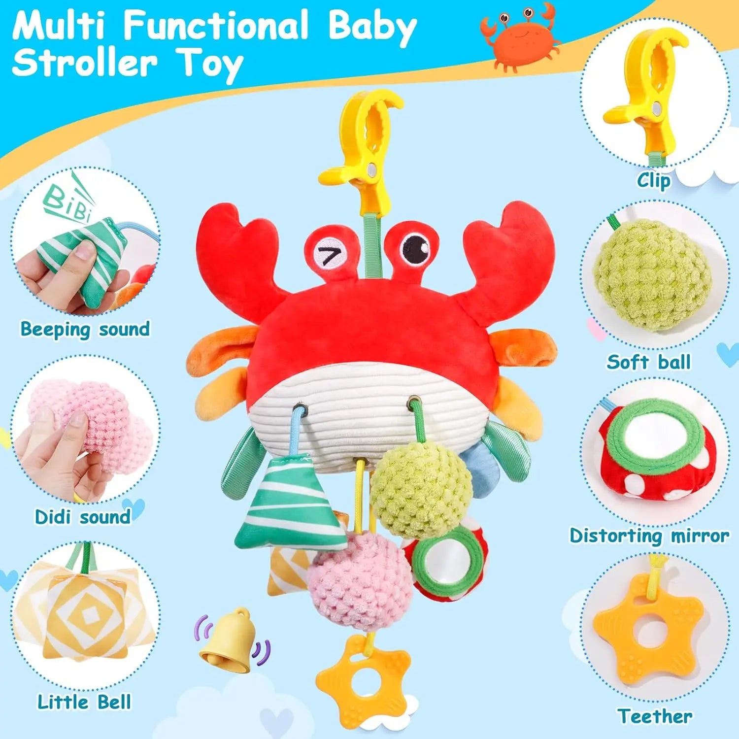 Car Seat Stroller Toys for Babies 0-6 Months Crab Baby Infant Newborn Stroller Toys with Beep Mirror Small Bell Baby Teether