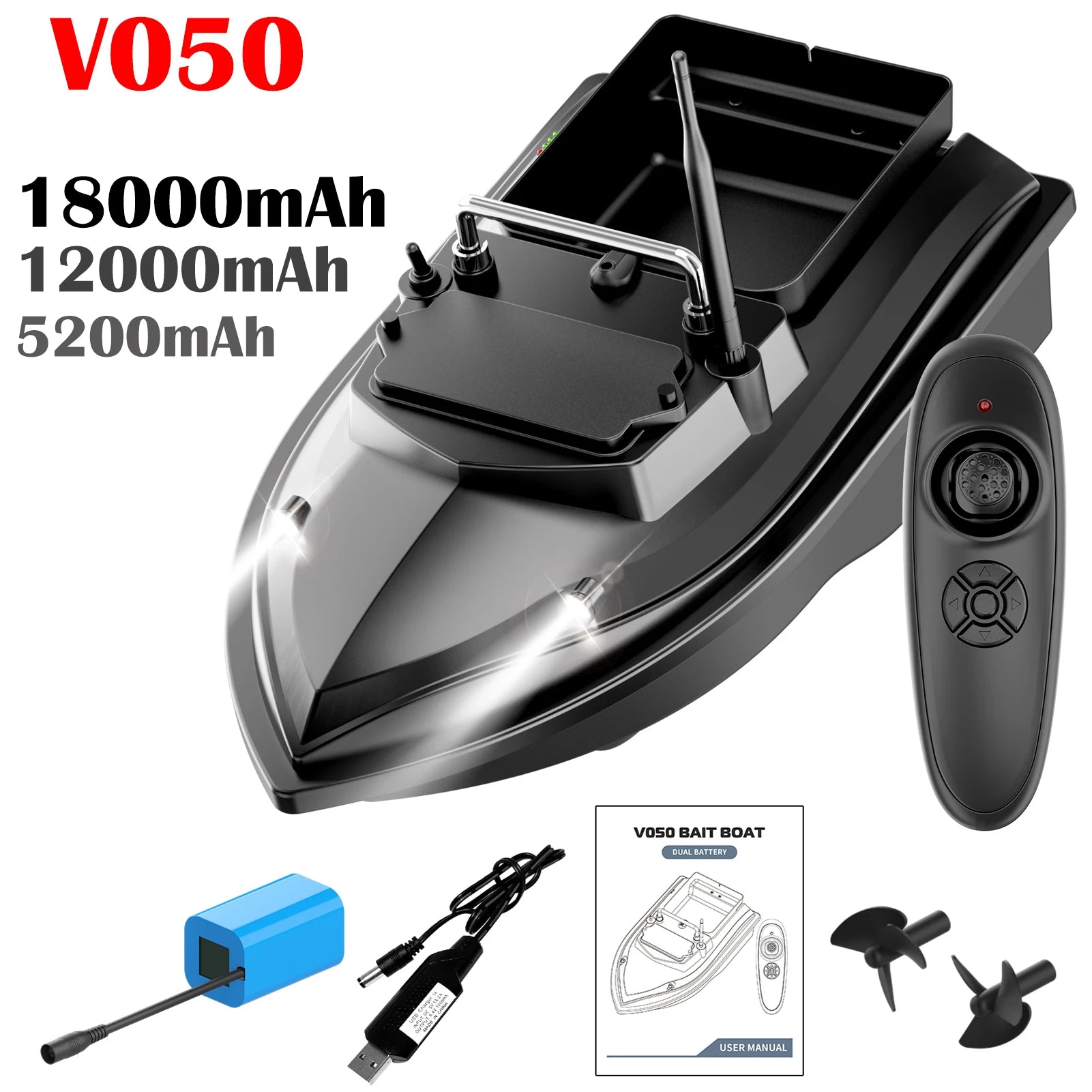 V050 Fishing Bait Boat 500m Remote Control Bait Boat Dual Motor Fish Finder 2KG Loading Support Automatic Cruise/Route Black