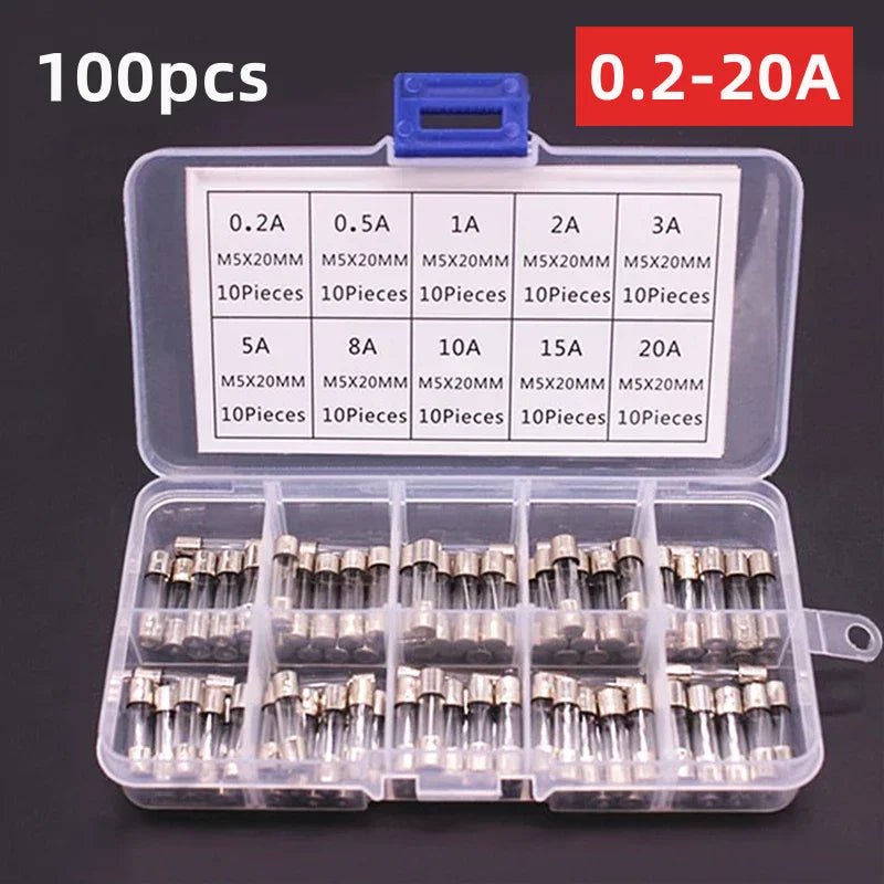 100/72 PCS Fast Blown Glass Fuse Combination Kit 5x20mm 250V 0.1 0.2 0.25 0.5 1 1.5 2 3 4 5 8 10 12 15 20 A In Clear Plastic Box
