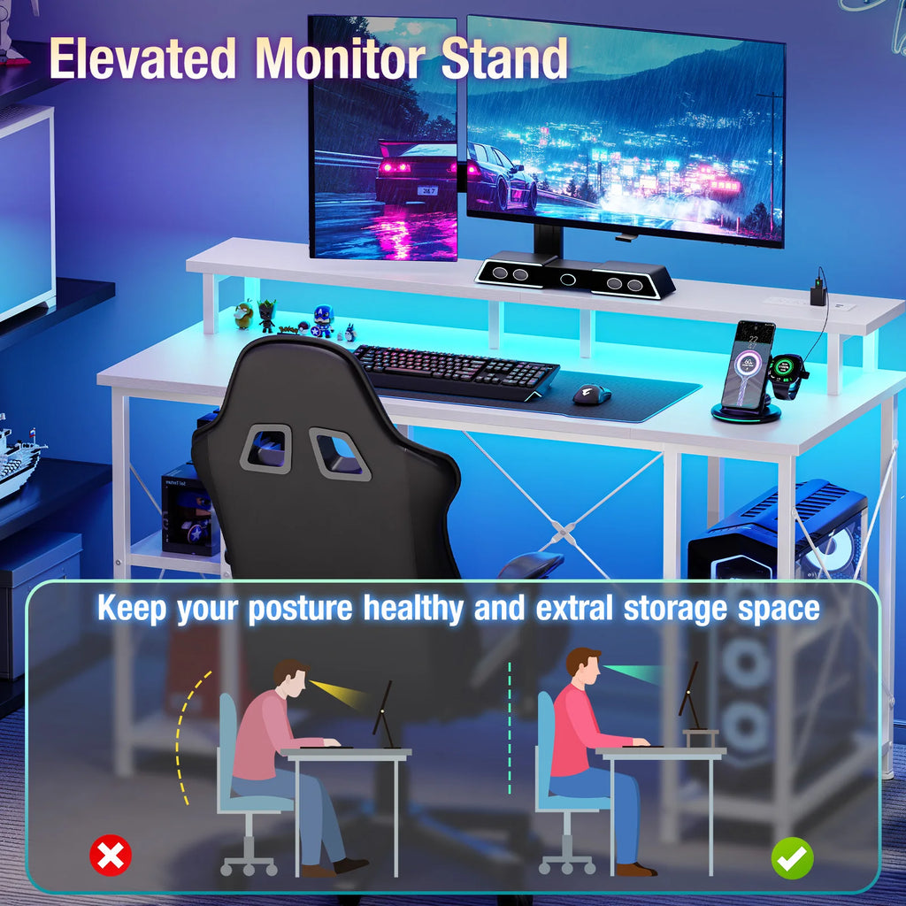 JHK 48 Inch Computer Desk with with Shelves Storage Drawers Office Wood Table with LED Lights Power Outlets Gaming Desk