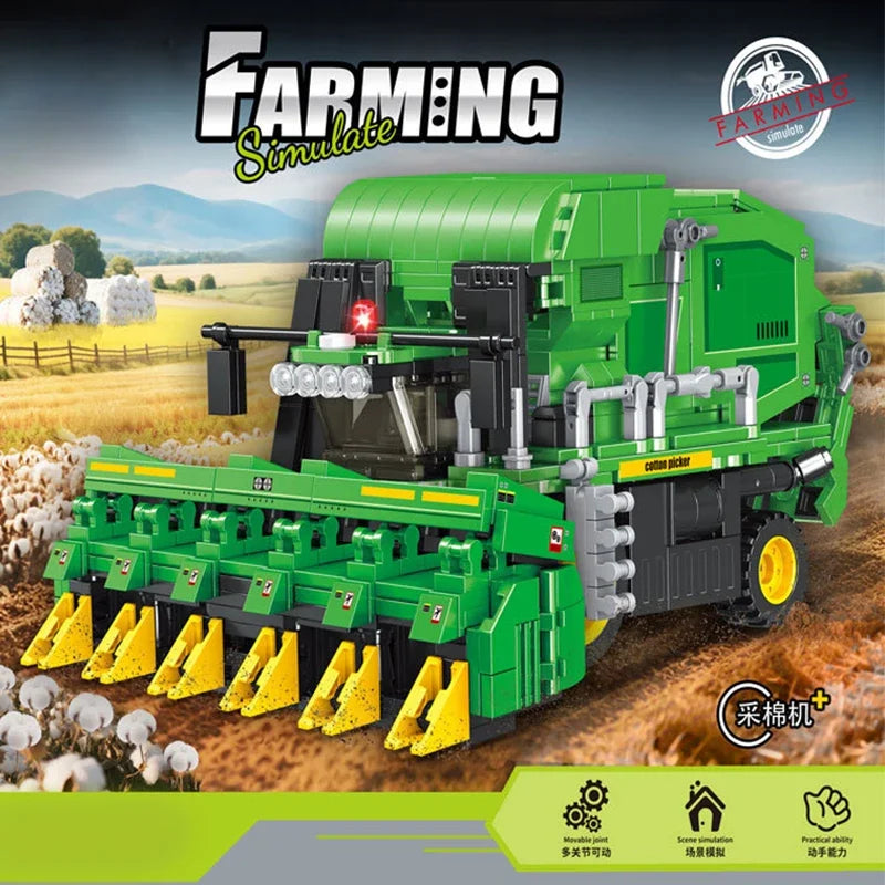 Educational Building Block Set Harvesting Locomotive with Five-Plow Tractor Cotton Picker Car Crane Arm Trailer for Kids Toy
