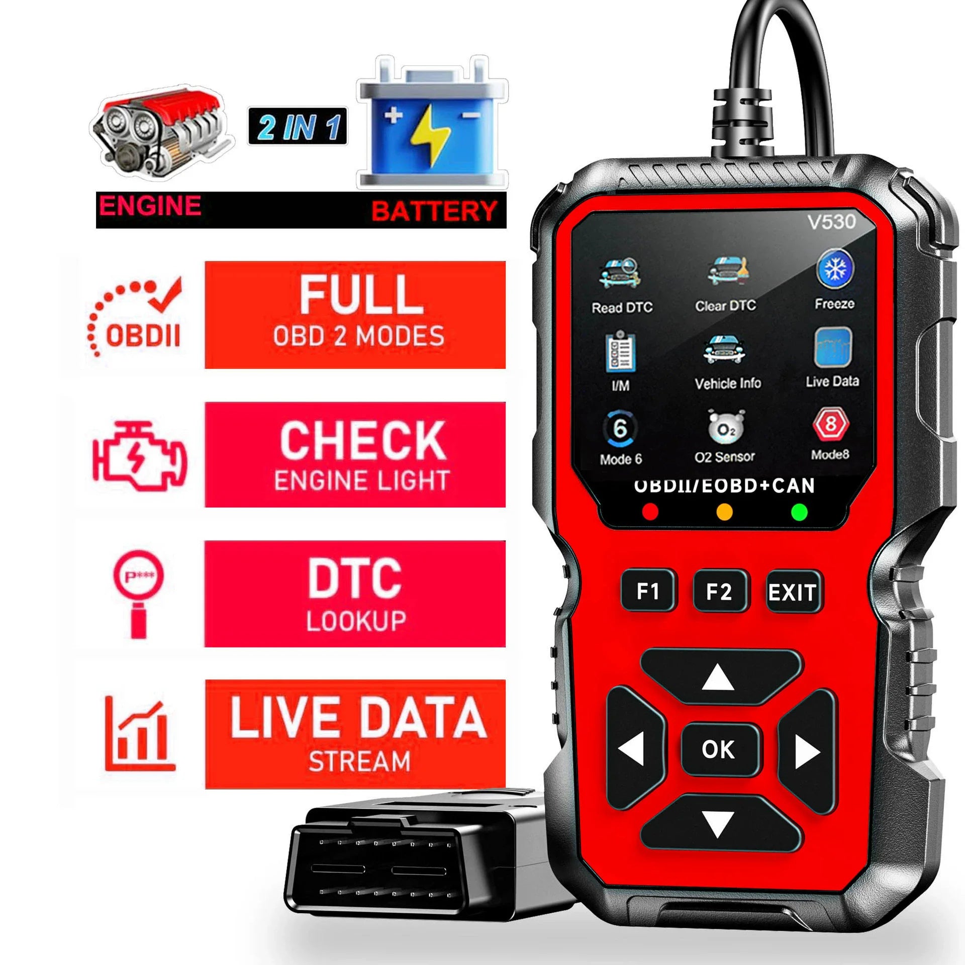 V530 OBD Powered Car Diagnostic Tool with Real Time Data Stream Full-Featured Testing  Clears Engine Fault Lights Reads Vehicles