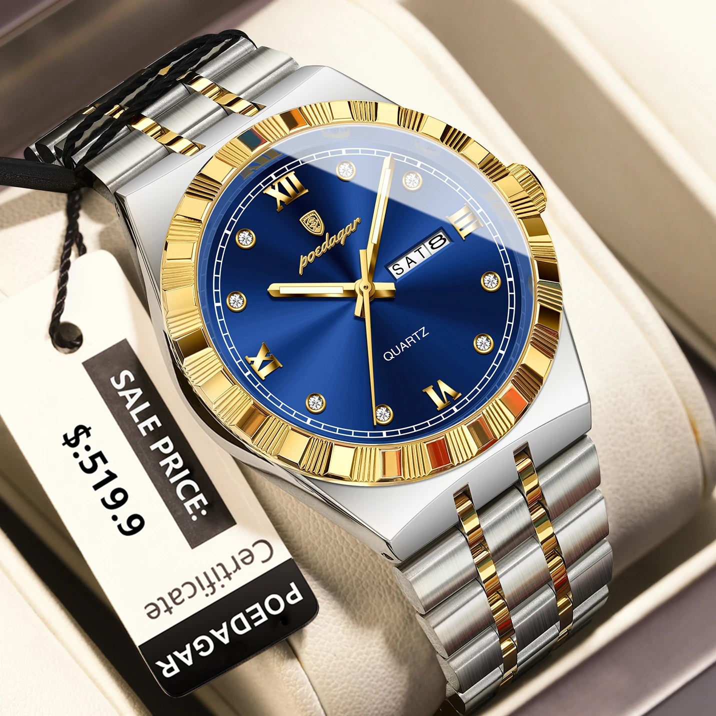 POEDAGAR Luxury Business Male Watch Waterproof Luminous Week Date Men's Wristwatch Stainless Steel Trendy Quartz Watches For Men