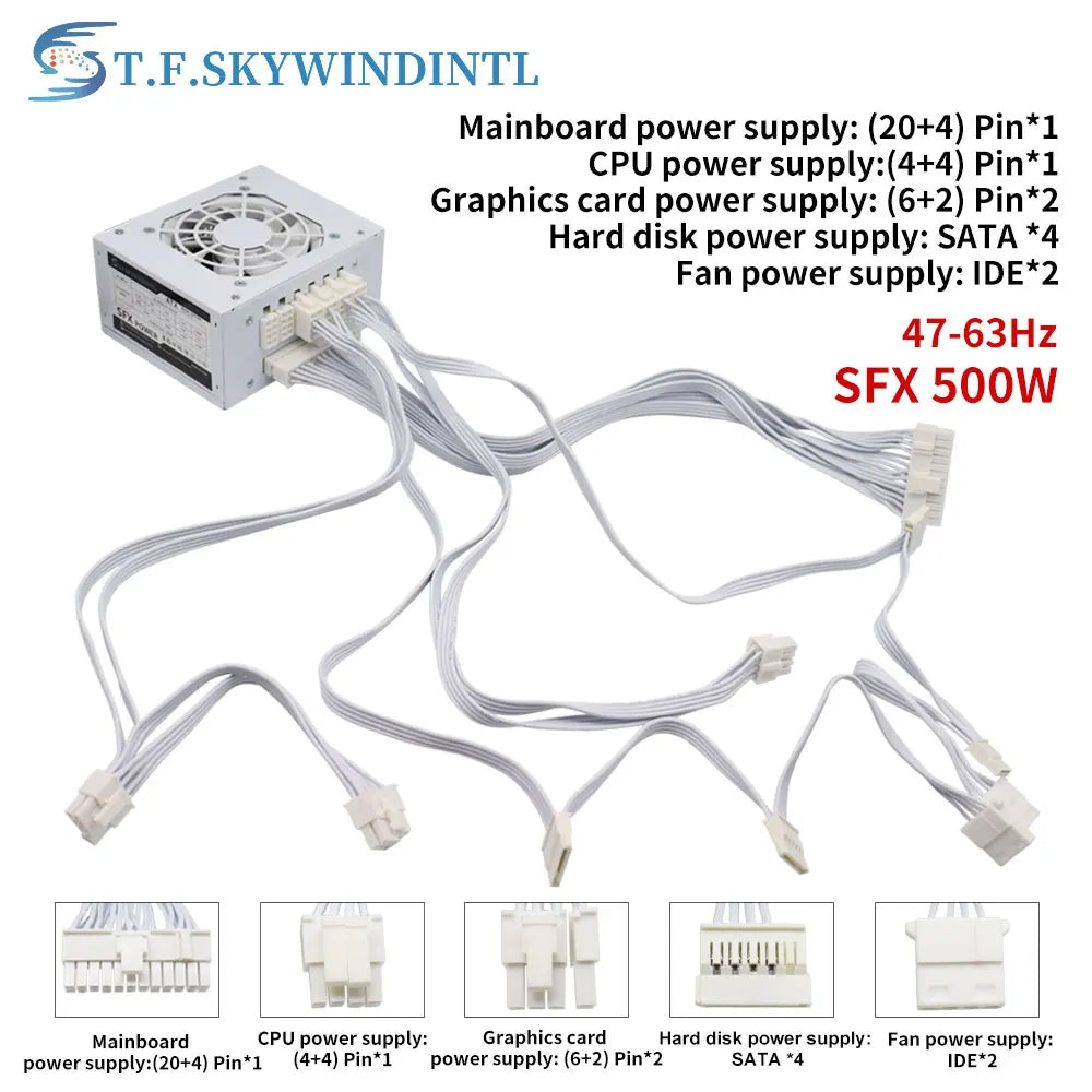 SFX 500W Fully Modular Power Supply 500W White 20+ 4Pin Power source for PC Gaming Desktop Mini ITX Case Small Computer Case