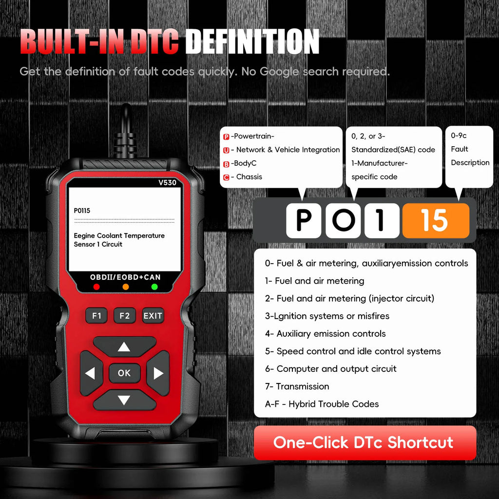 V530 OBD Powered Car Diagnostic Tool with Real Time Data Stream Full-Featured Testing  Clears Engine Fault Lights Reads Vehicles