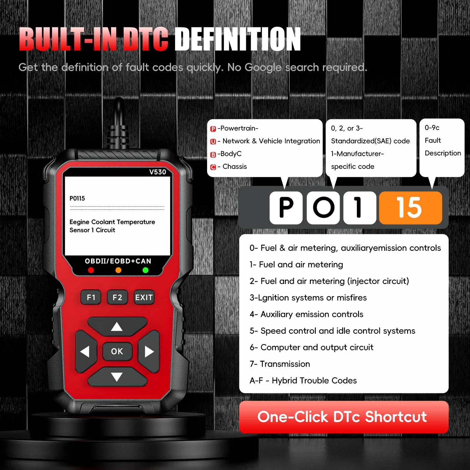 V530 OBD Powered Car Diagnostic Tool with Real Time Data Stream Full-Featured Testing  Clears Engine Fault Lights Reads Vehicles