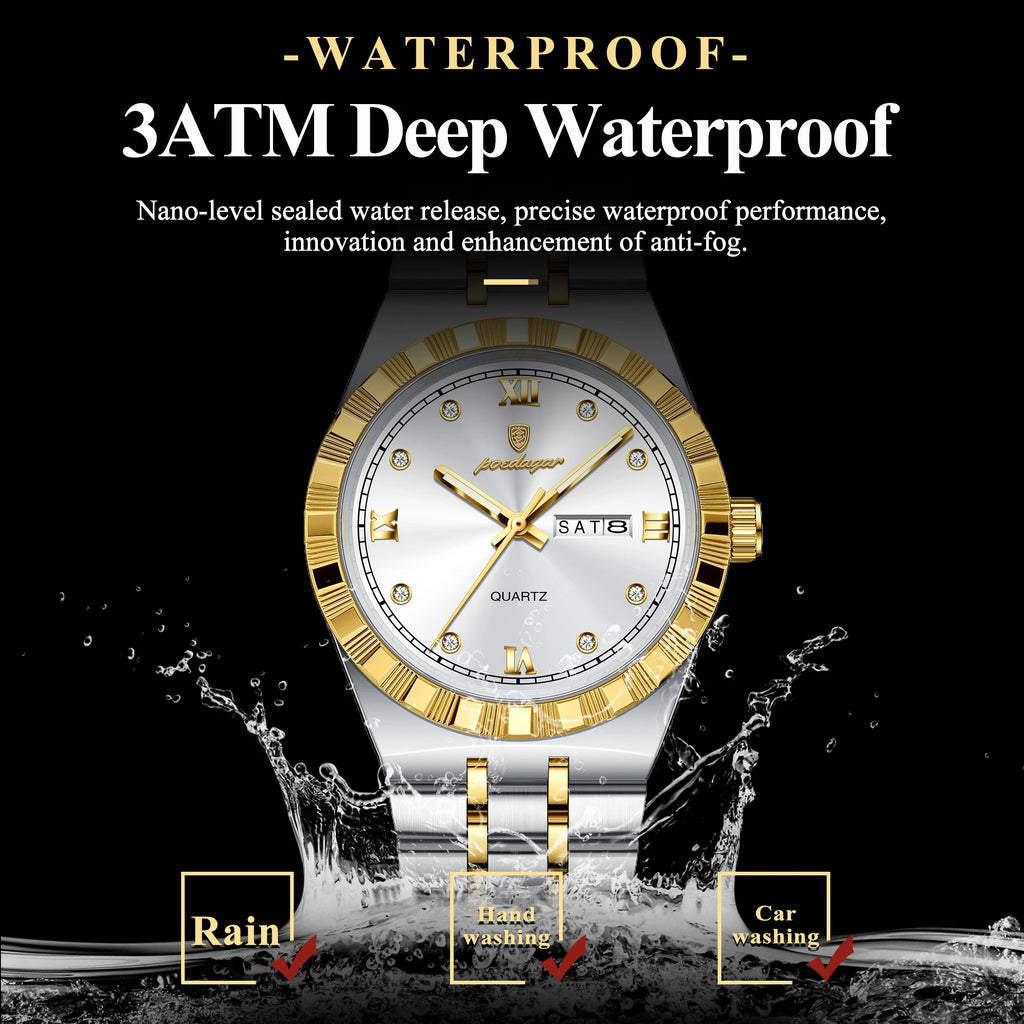 POEDAGAR Luxury Business Male Watch Waterproof Luminous Week Date Men's Wristwatch Stainless Steel Trendy Quartz Watches For Men