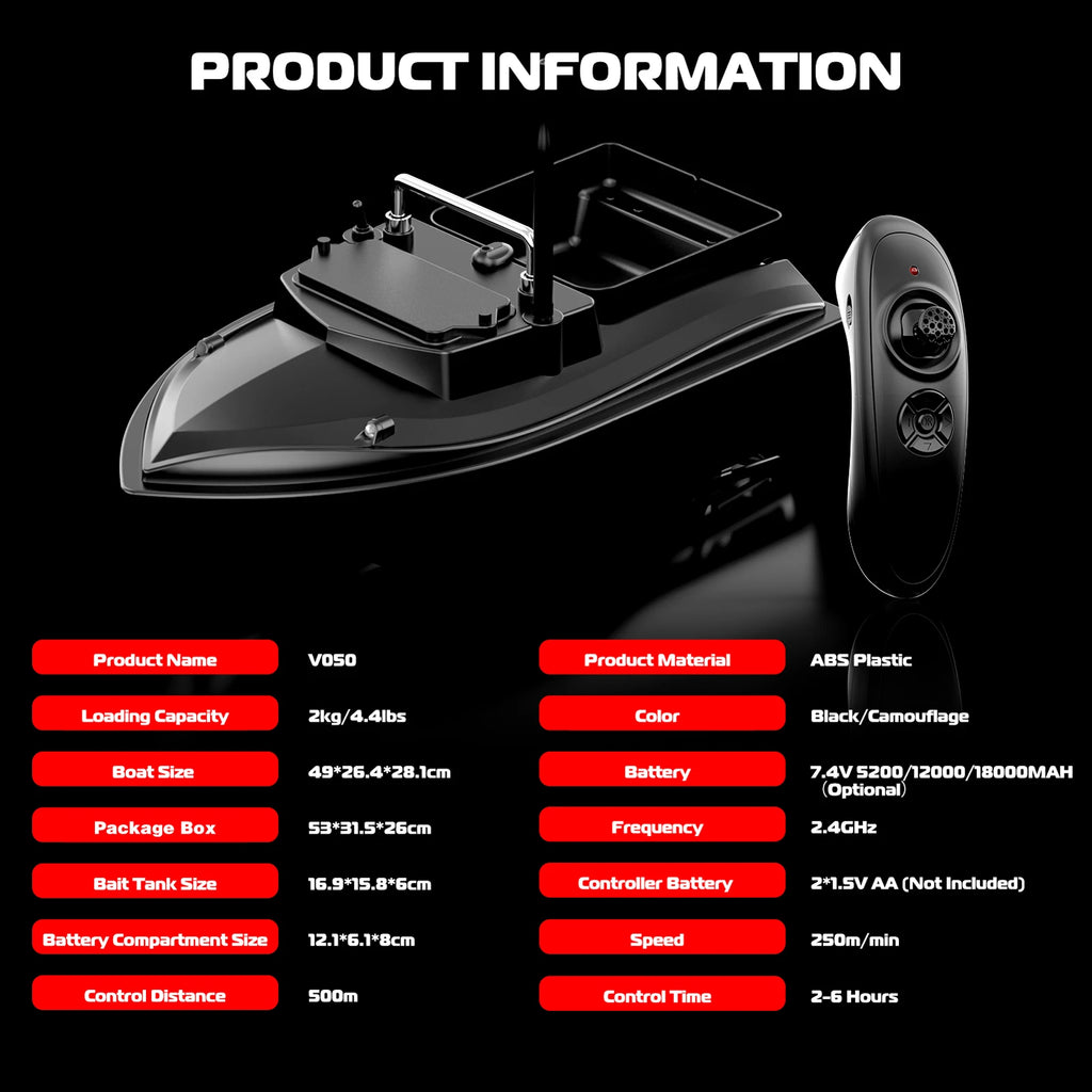 V050 Fishing Bait Boat 500m Remote Control Bait Boat Dual Motor Fish Finder 2KG Loading Support Automatic Cruise/Route Black