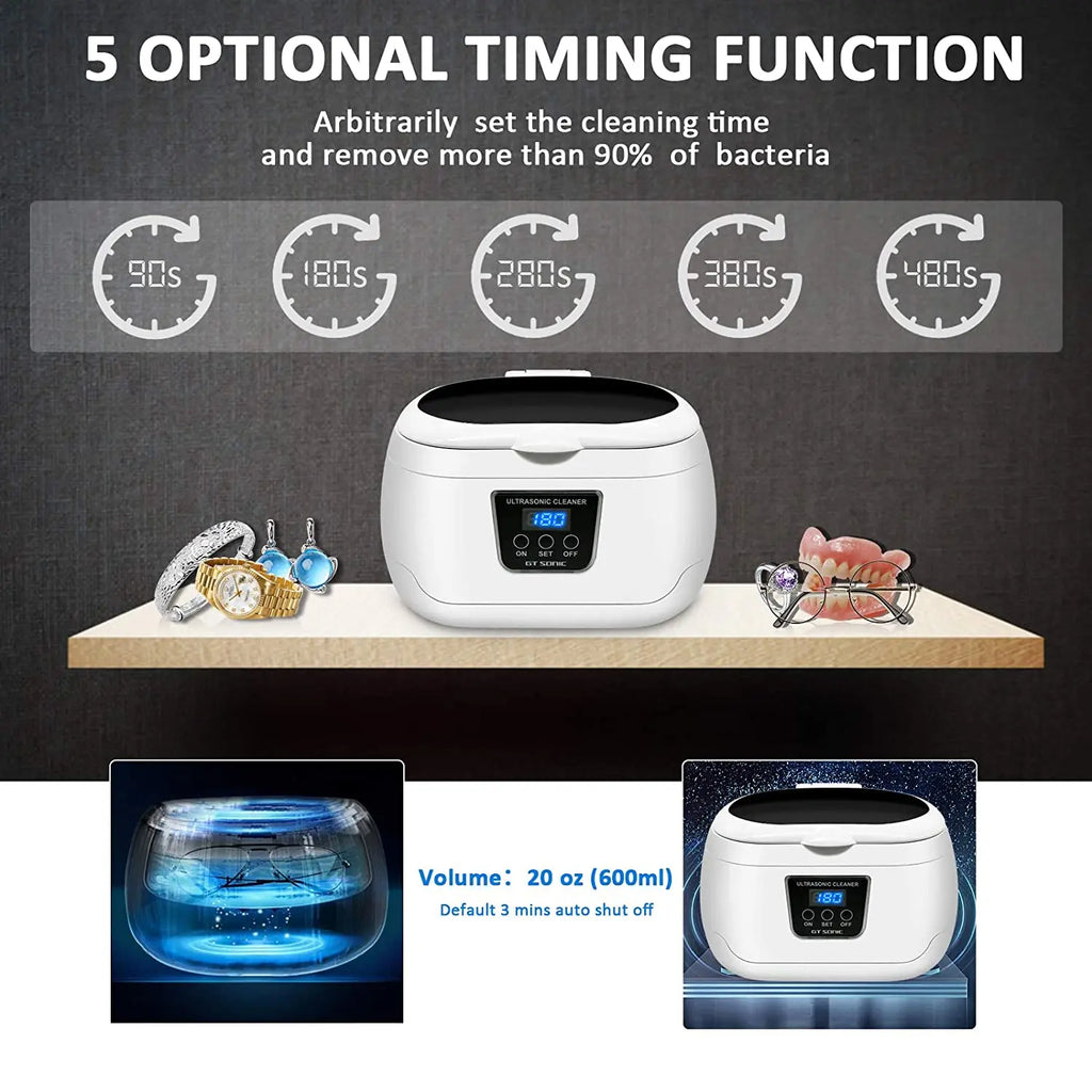 GTSONIC 600ML Ultrasonic Cleaner Bath Timer for Jewelry Parts Glasses Manicure Stones Cutters Dental Razor Brush UltrasoundSonic