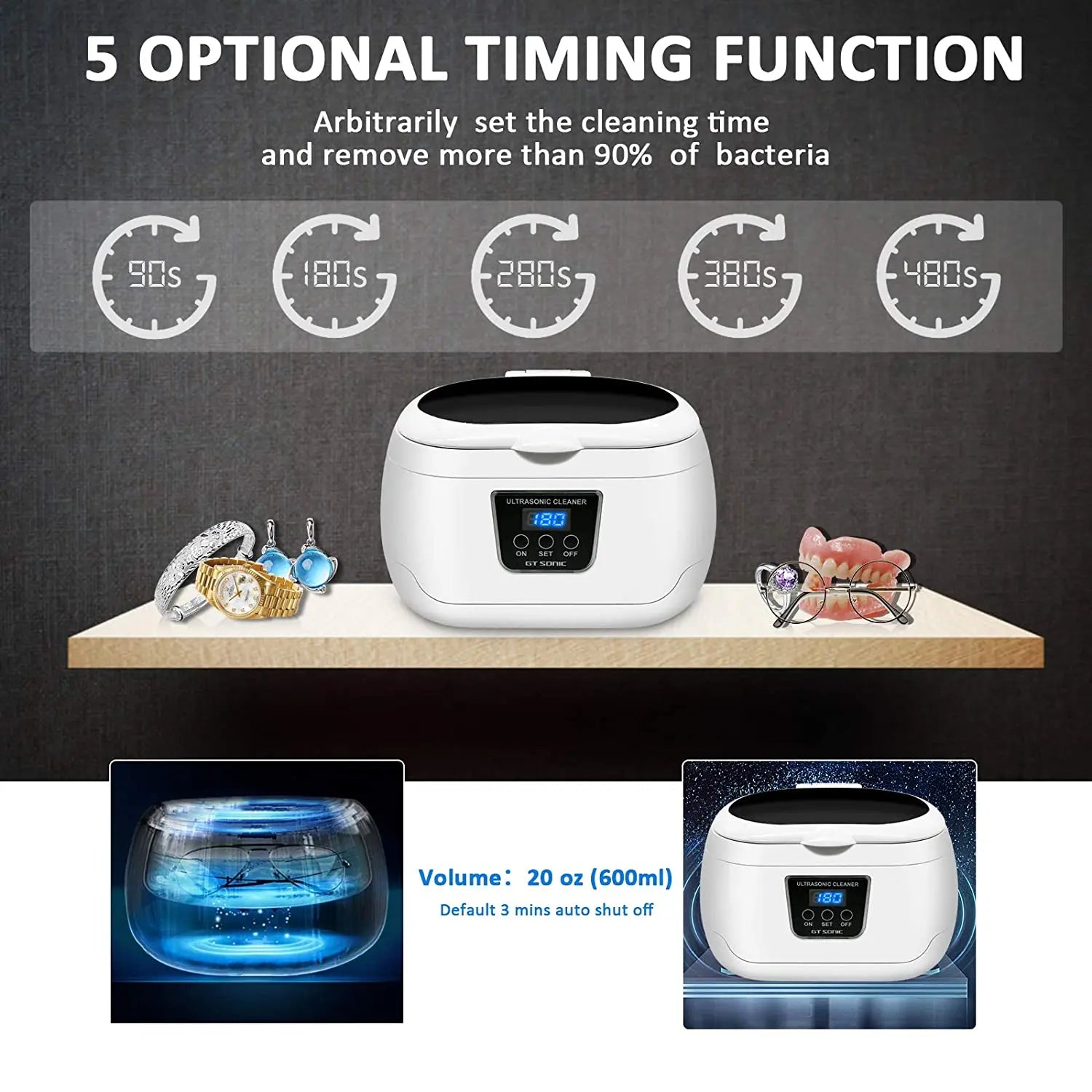 GTSONIC 600ML Ultrasonic Cleaner Bath Timer for Jewelry Parts Glasses Manicure Stones Cutters Dental Razor Brush UltrasoundSonic