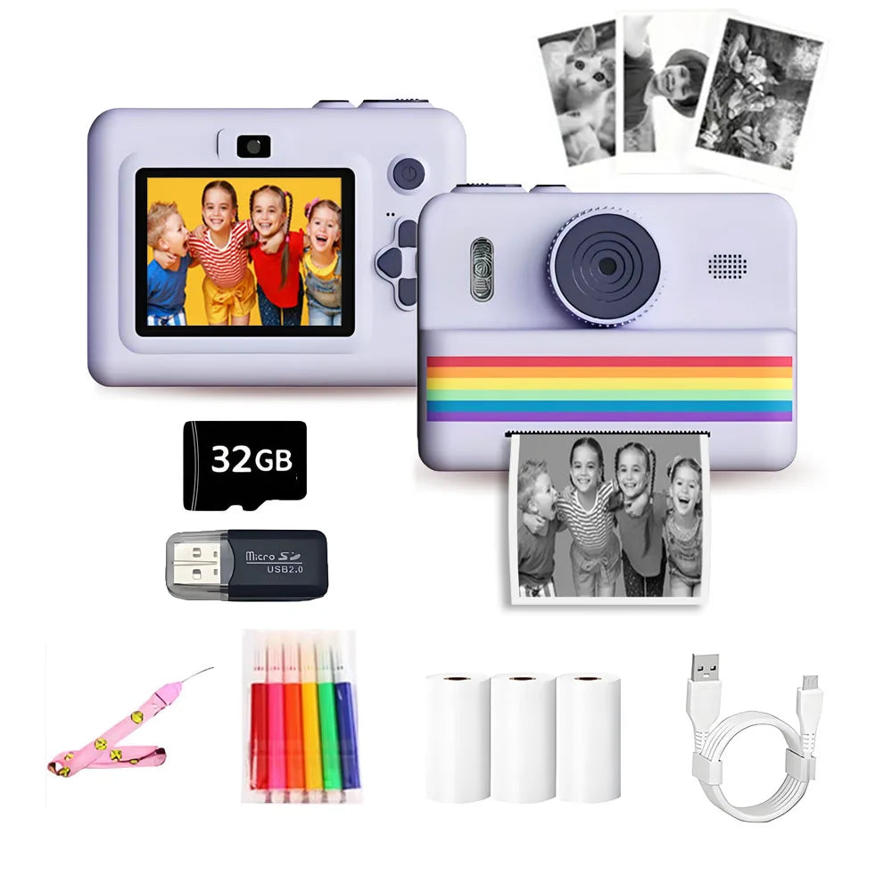 Kids Camera Instant Print Toy 2.8-Inch HD Screen With 32G Memory Card And 3 Rolls Of Printing Paper, Gift For Boys And Girls