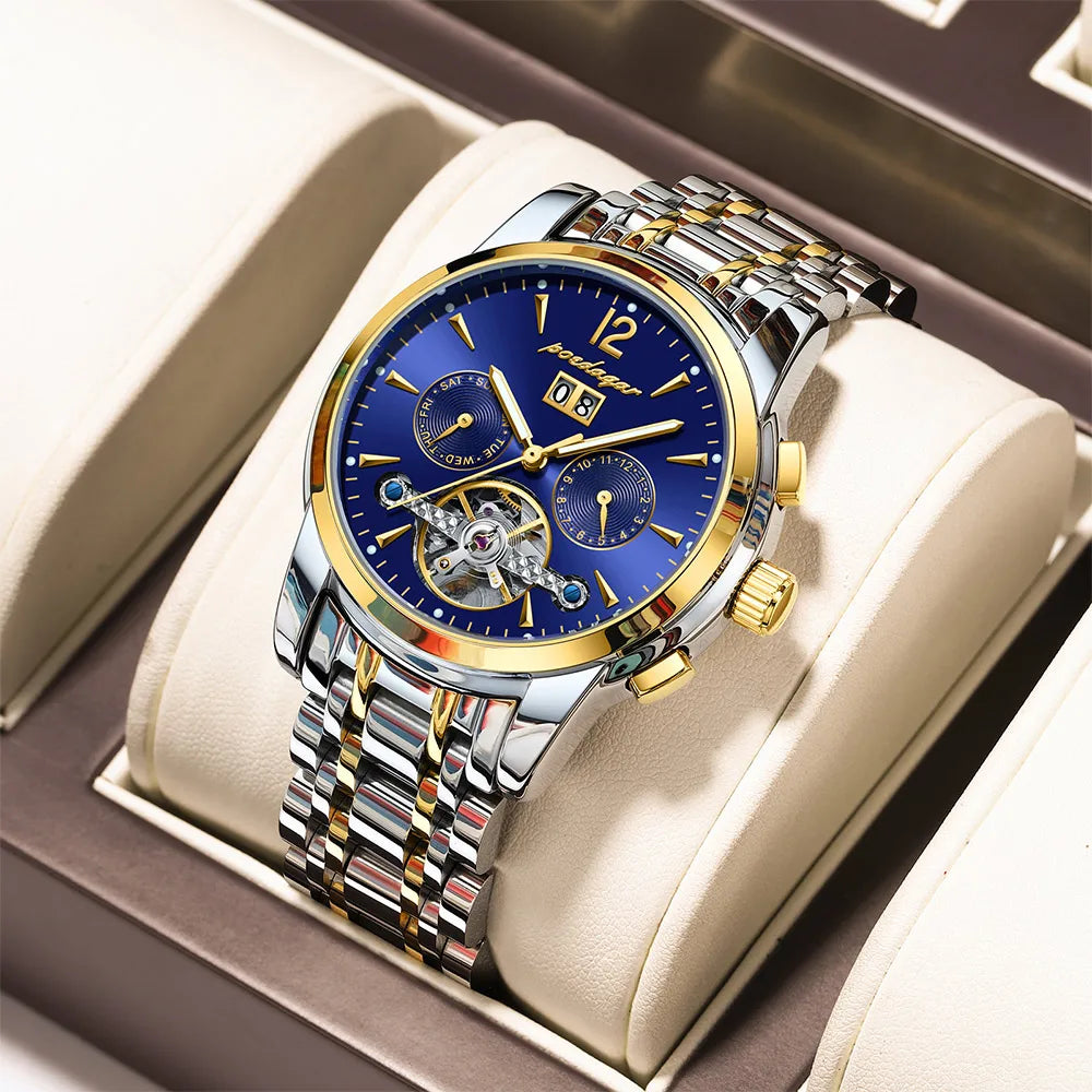 POEDAGAR Automatic Mechanical Luxury Wristwatch Tourbillon Waterproof Date&Week Stainless Steel Men Watch Relogio Masculino+box
