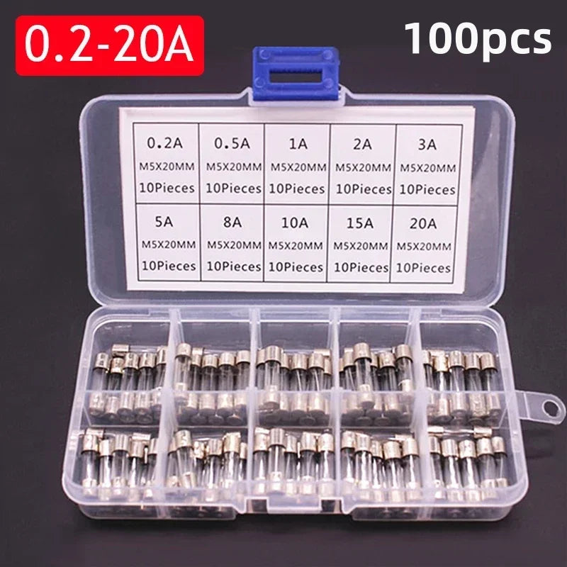 100/72 PCS Fast Blown Glass Fuse Combination Kit 5x20mm 250V 0.1 0.2 0.25 0.5 1 1.5 2 3 4 5 8 10 12 15 20 A In Clear Plastic Box