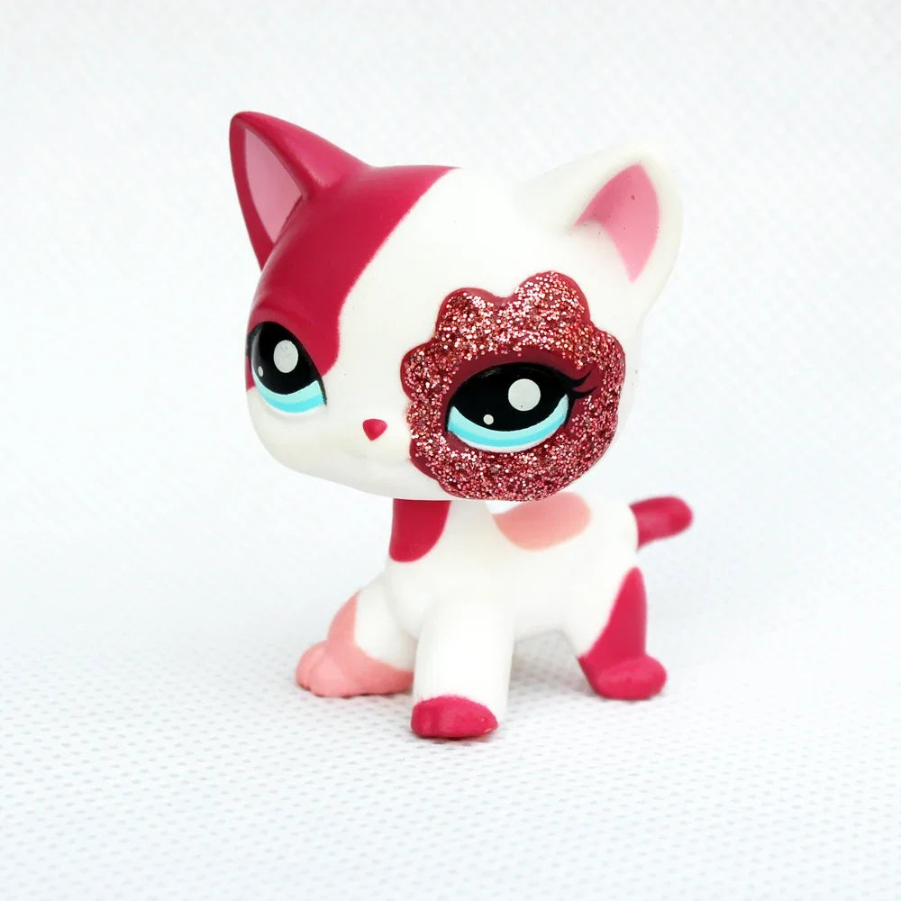 Rare original pet Bobble head toy standing Short Hair Cat #2291 White Pink Glitter kitty lps