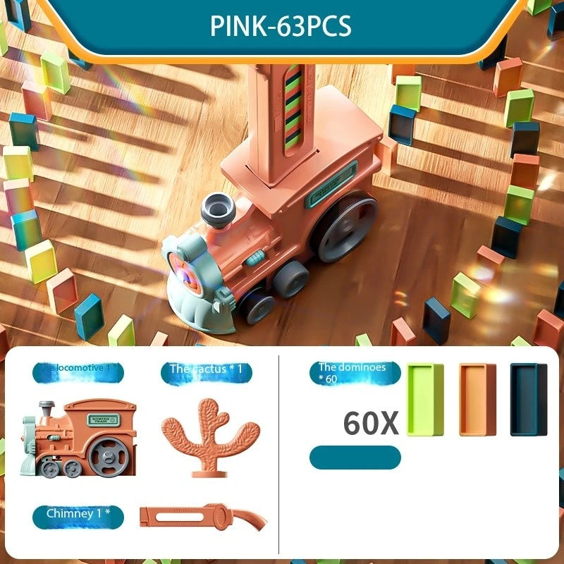 Automatic Domino Laying Toy Electric Car, 60PCS Colorful Blocks with Sound & Light, STEM Educational Building Kit for Kids