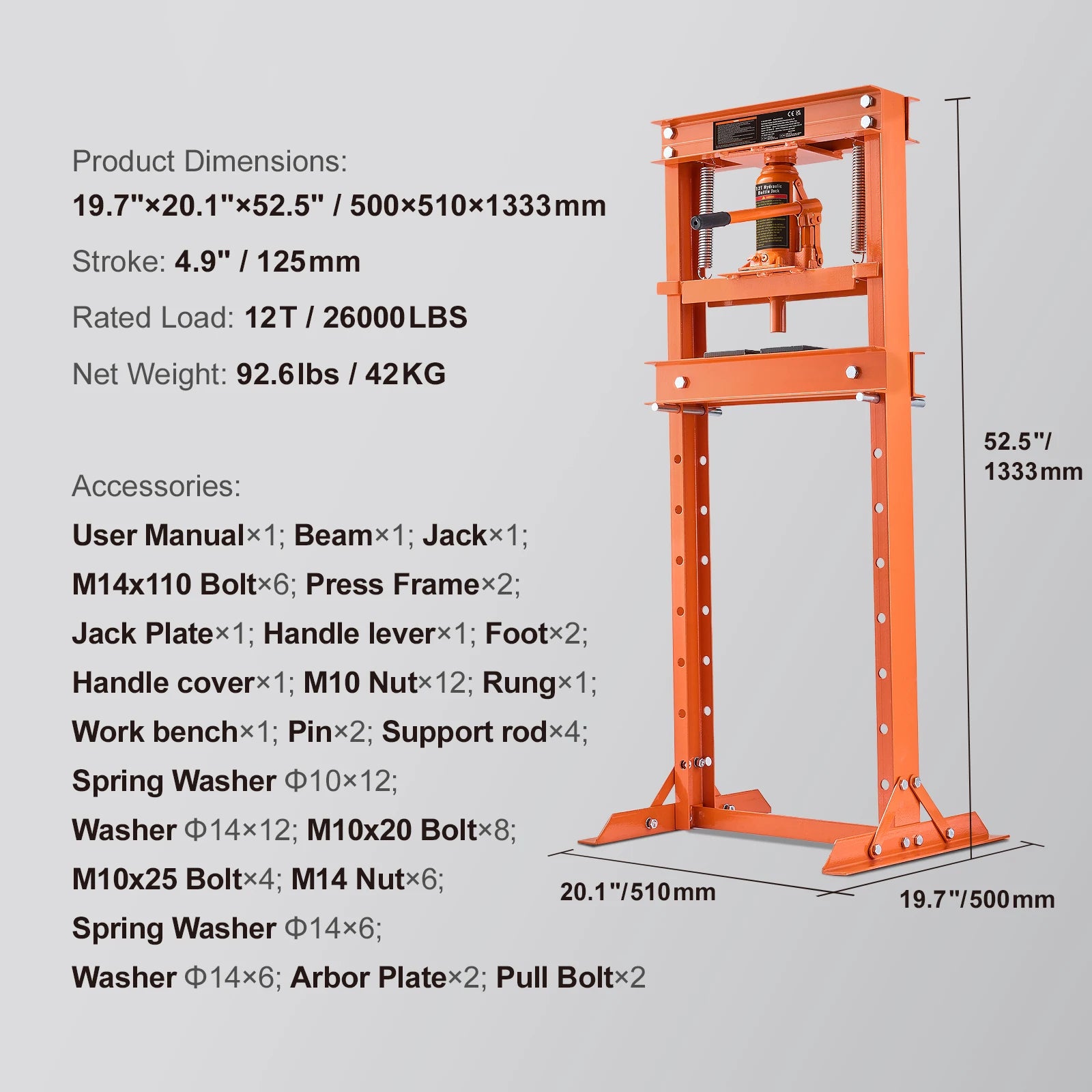 SucceBuy 6/12T Hydraulic H-Frame Garage Floor Adjustable Shop Press with Plates 6T/12T Orange for Garages or Professional Shop