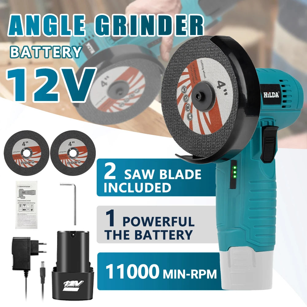 HILDA 12V 3/4 Inch Lithium Electric Angle Grinder Rechargeable Battery Brushless/Brushed Polishing Machine  Mini Cutting Machine