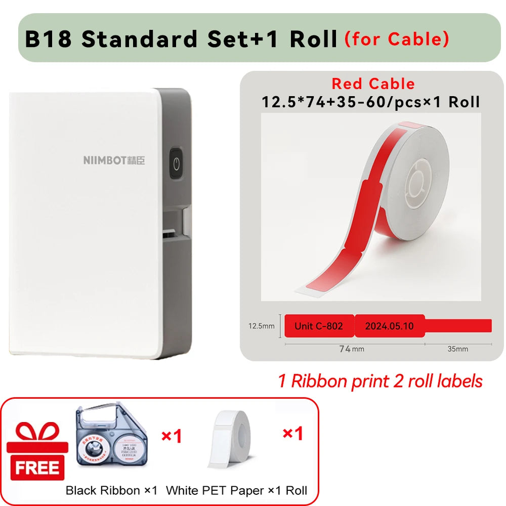 Niimbot N1/B18 Thermal Transfer Label Printer Self-Adhesive Waterproof Cord Labels Tag Wireless Label Maker Cable with Ribbon
