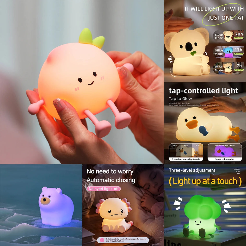 Cartoon Silicone Peach Sleep Lamp,USB ReChargable, LED Night Light for Children Holiday Gift, Cute Bedside Decor