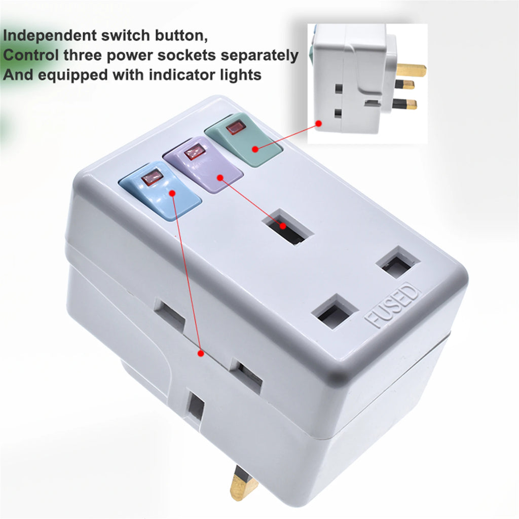 UK Plug 250V13A AC Portable Multi 1 to 3 ways Travel Adapter Power Malaysia Kong with Independent Control Switch Conversion Plug