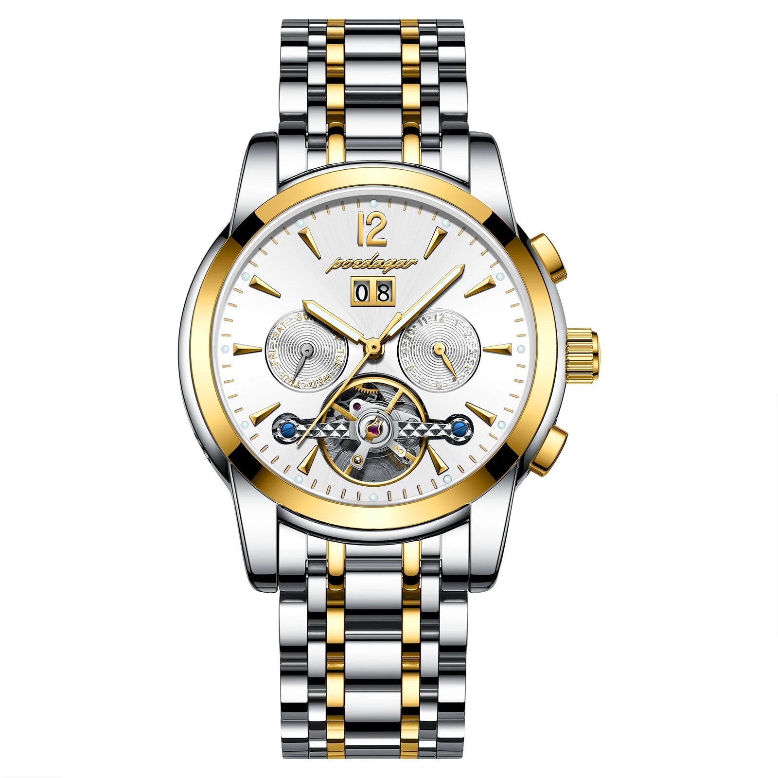 POEDAGAR Automatic Mechanical Luxury Wristwatch Tourbillon Waterproof Date&Week Stainless Steel Men Watch Relogio Masculino+box
