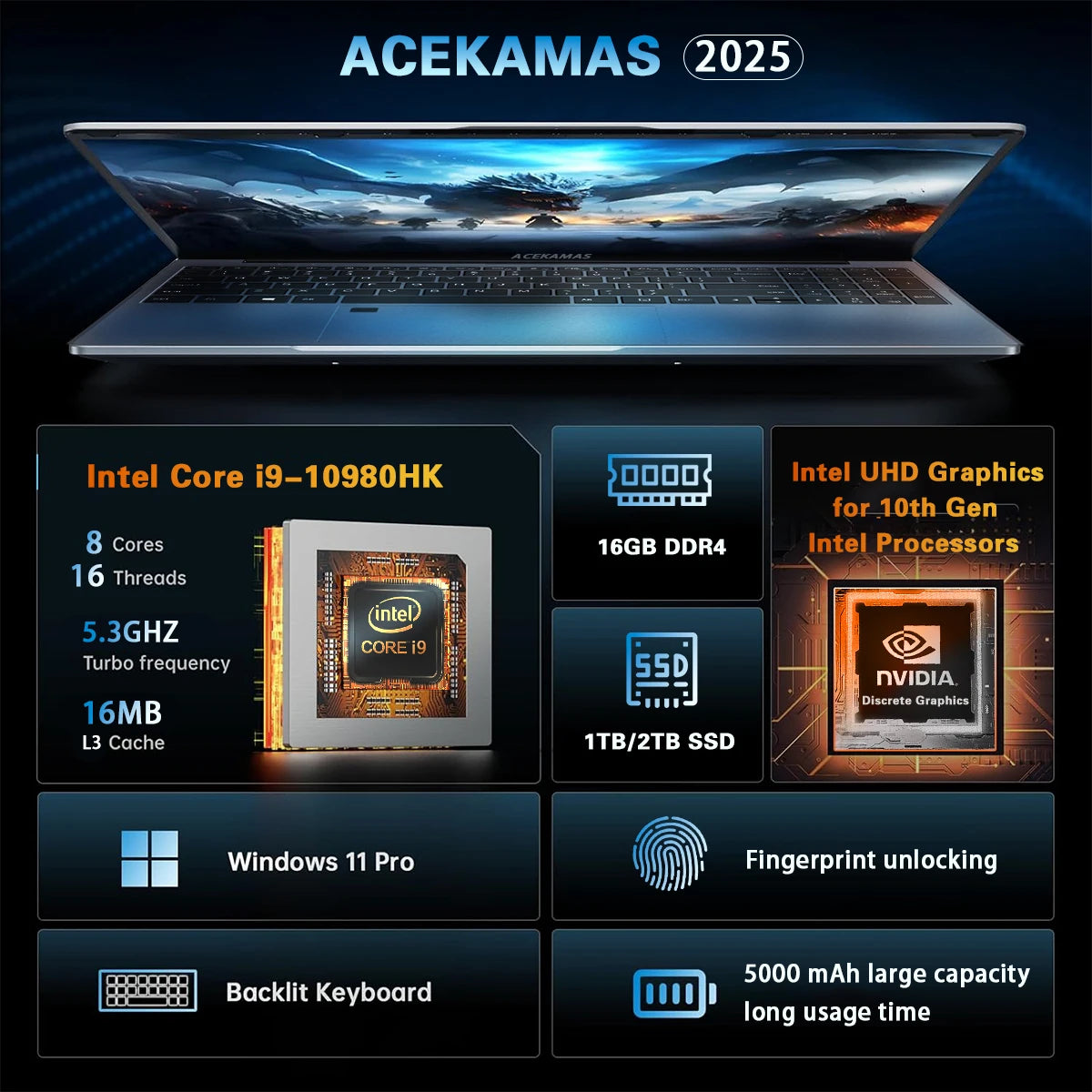ACEKAMAS 15.6" Gaming Laptop Intel Core i9 10980HK  Windows 11 Pro Gamer PC 16GB DDR4 1TB SSD IPS Notebook Computer Laptops PC