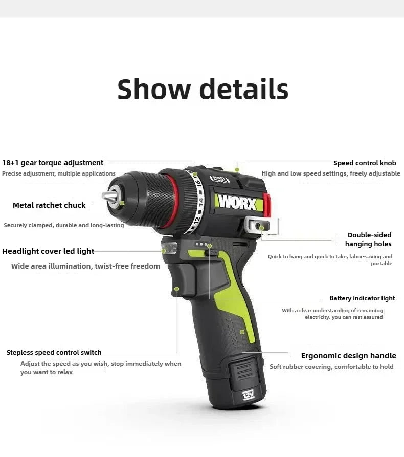 WORX Cordless Electric Drill 12V 50Nm 1800rpm Smart Clucth Auto Stop Brushless Motor Metalworking Home Power Tools WU135