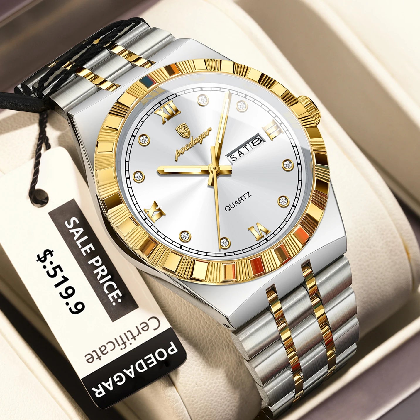 POEDAGAR Luxury Business Male Watch Waterproof Luminous Week Date Men's Wristwatch Stainless Steel Trendy Quartz Watches For Men