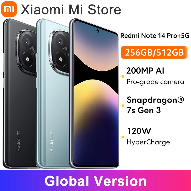 Global version Xiaomi Redmi Note 14 Pro+ 5G Smartphone 200MP AI camera Snapdragon® 7s Gen 3 120W HyperCharge 6.67 AMOLED display
