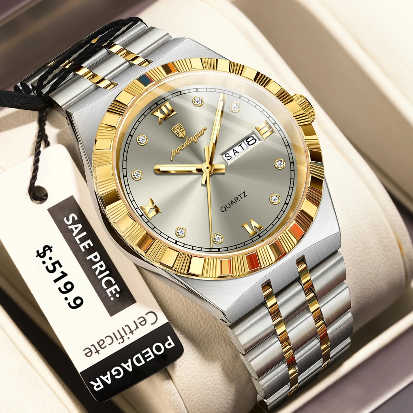POEDAGAR Luxury Business Male Watch Waterproof Luminous Week Date Men's Wristwatch Stainless Steel Trendy Quartz Watches For Men