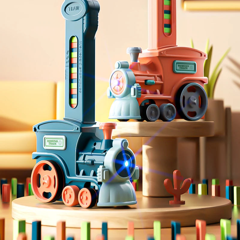 Automatic Domino Laying Toy Electric Car, 60PCS Colorful Blocks with Sound & Light, STEM Educational Building Kit for Kids