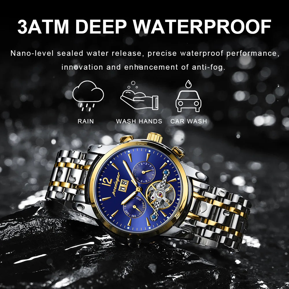 POEDAGAR Automatic Mechanical Luxury Wristwatch Tourbillon Waterproof Date&Week Stainless Steel Men Watch Relogio Masculino+box