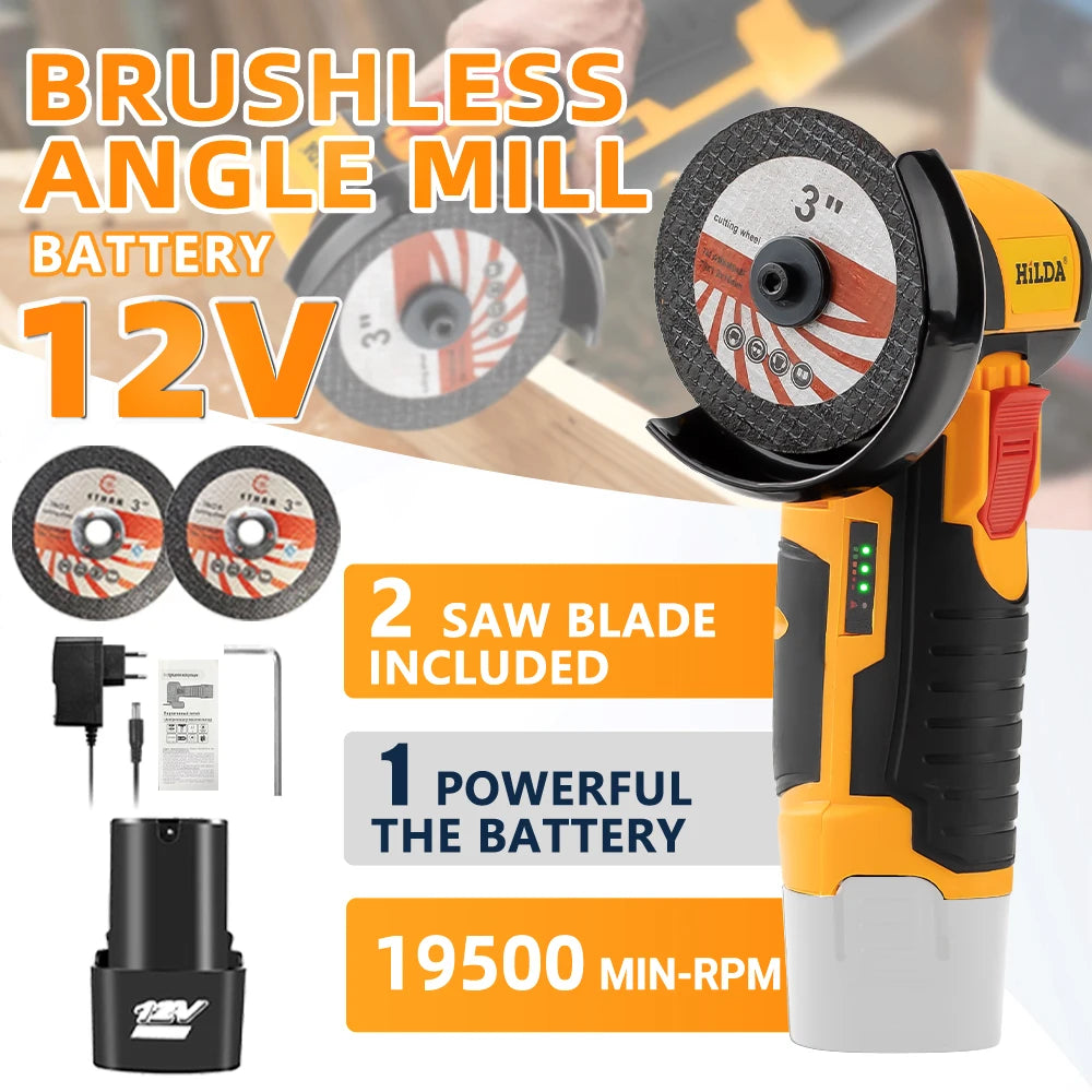 HILDA 12V 3/4 Inch Lithium Electric Angle Grinder Rechargeable Battery Brushless/Brushed Polishing Machine  Mini Cutting Machine