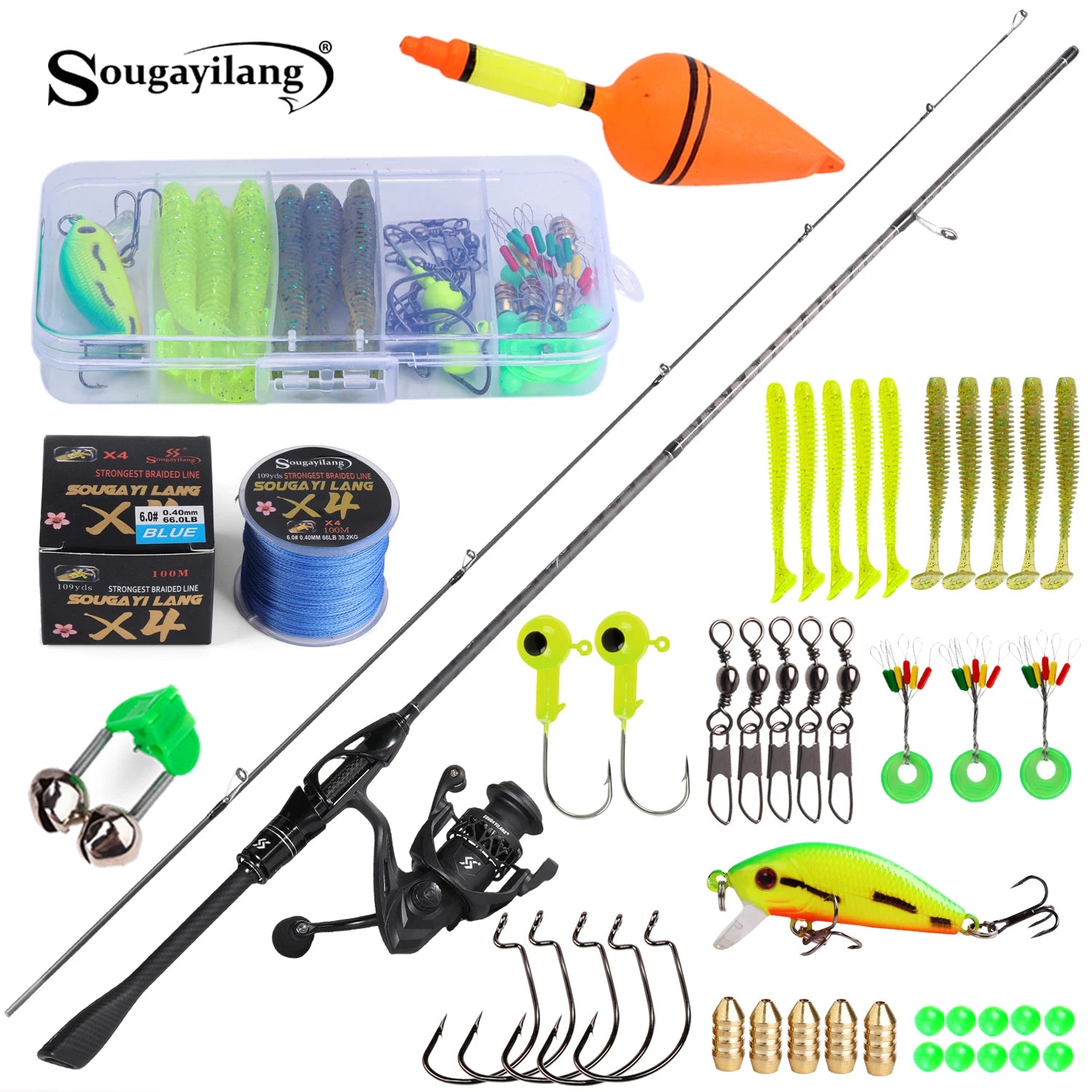 Sougayilang 1.8m Spinning Fishing Rod and Reel Combo Full Kit with Lures Hook Line Carbon Fiber Rod Set for Freshwater Saltwater