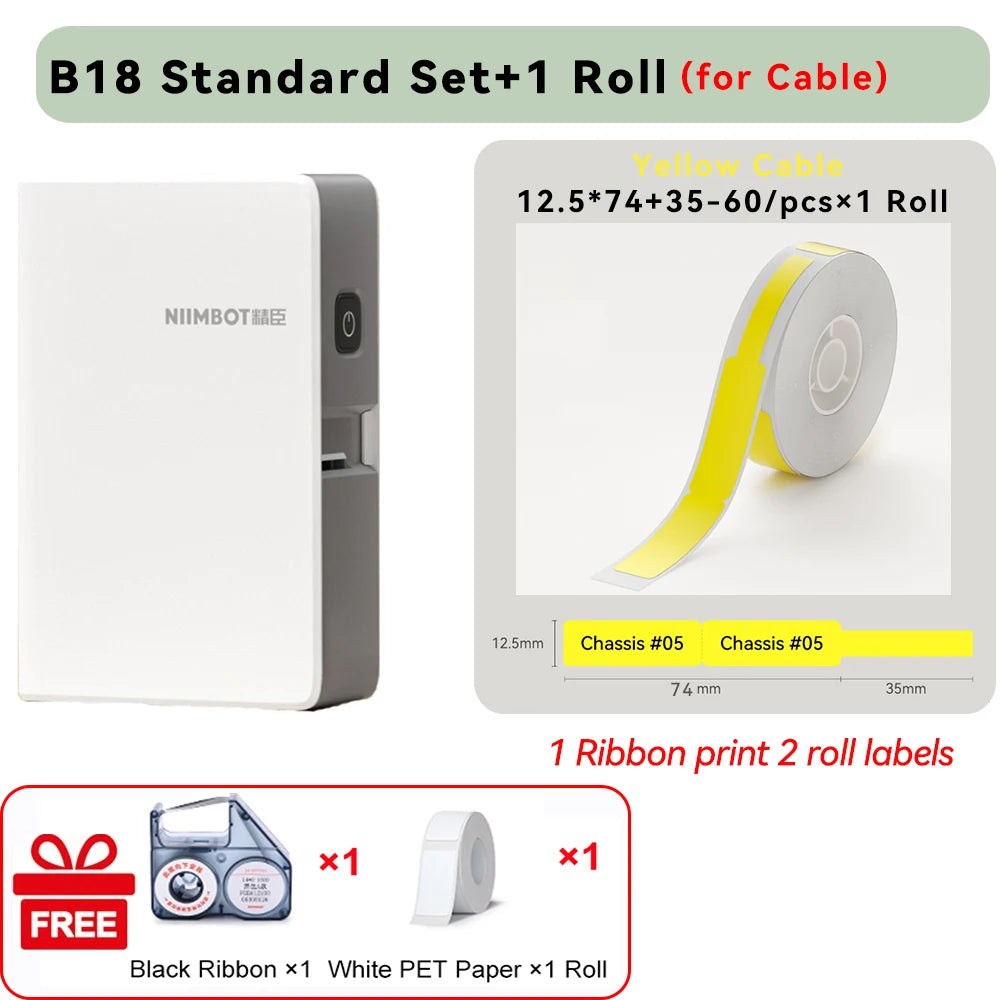 Niimbot N1/B18 Thermal Transfer Label Printer Self-Adhesive Waterproof Cord Labels Tag Wireless Label Maker Cable with Ribbon