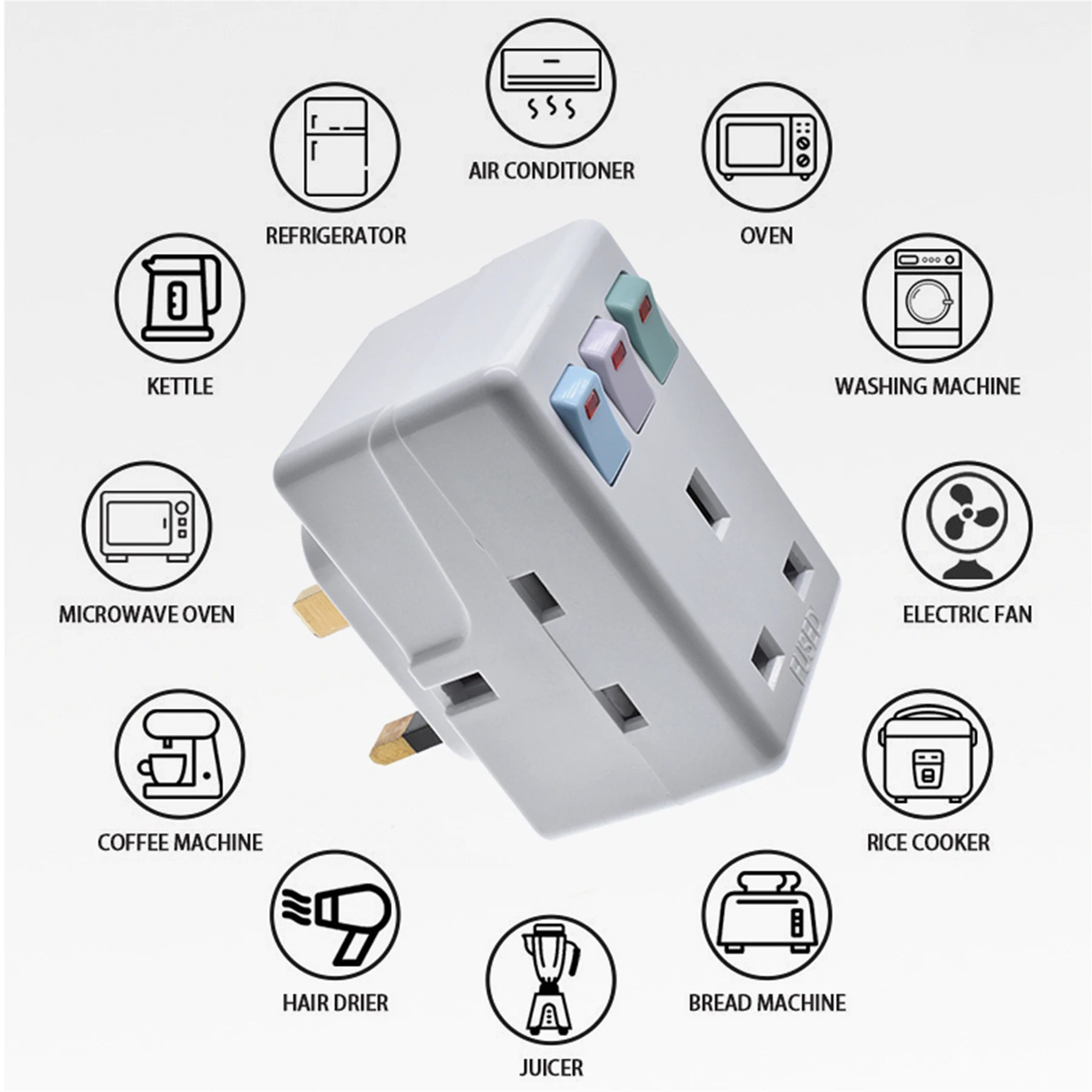 UK Plug 250V13A AC Portable Multi 1 to 3 ways Travel Adapter Power Malaysia Kong with Independent Control Switch Conversion Plug