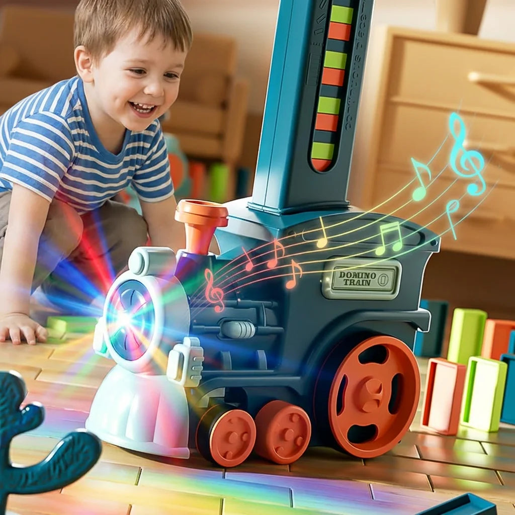 Automatic Domino Laying Toy Electric Car, 60PCS Colorful Blocks with Sound & Light, STEM Educational Building Kit for Kids