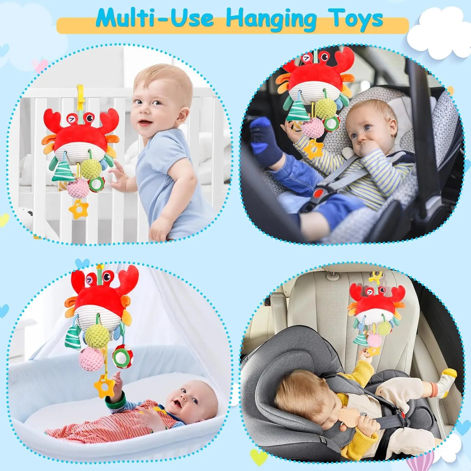 Car Seat Stroller Toys for Babies 0-6 Months Crab Baby Infant Newborn Stroller Toys with Beep Mirror Small Bell Baby Teether