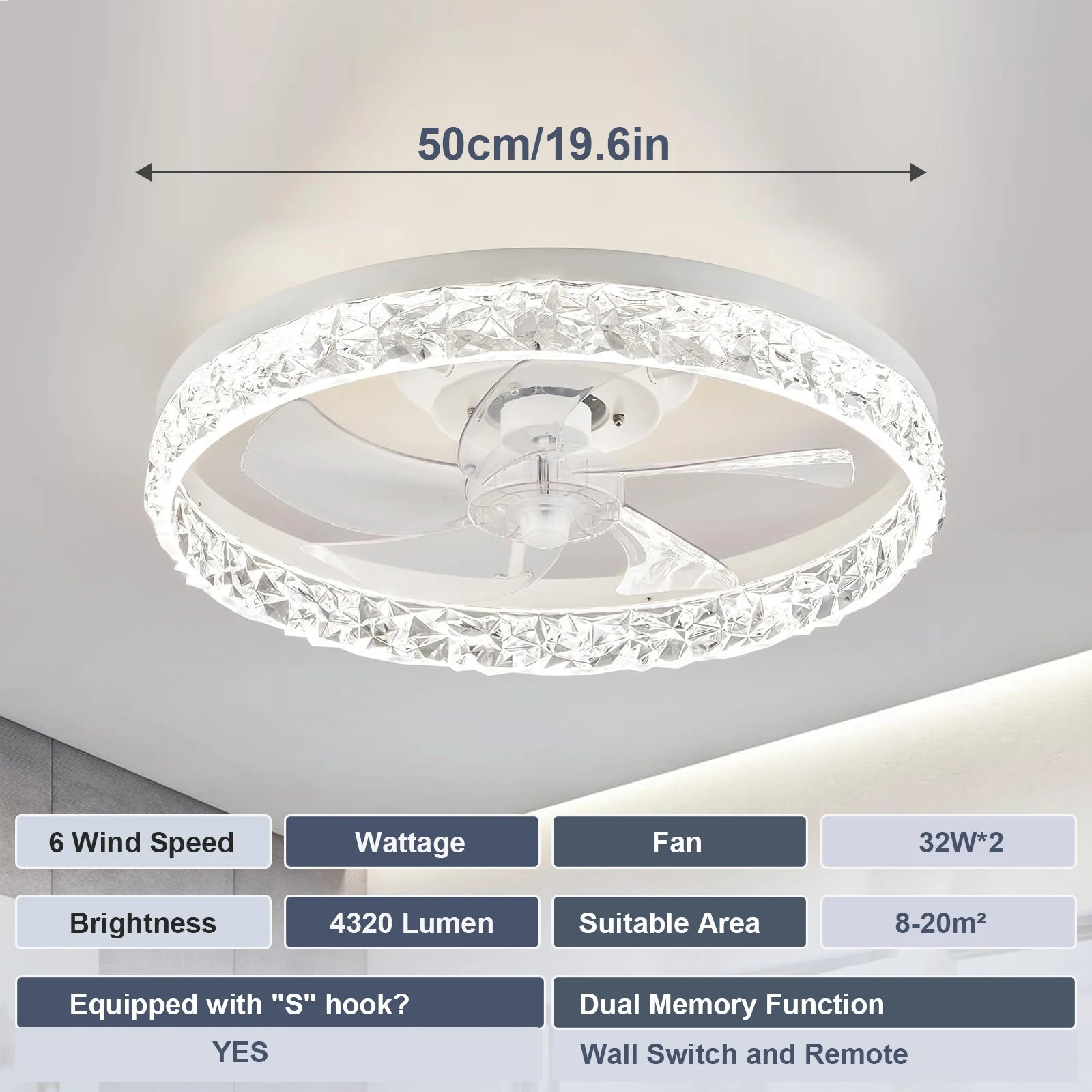 LED Ceiling Light Ceiling Fan Modern Simple Home Bedroom Remote Control Dimmable Fan Light 19.7 in