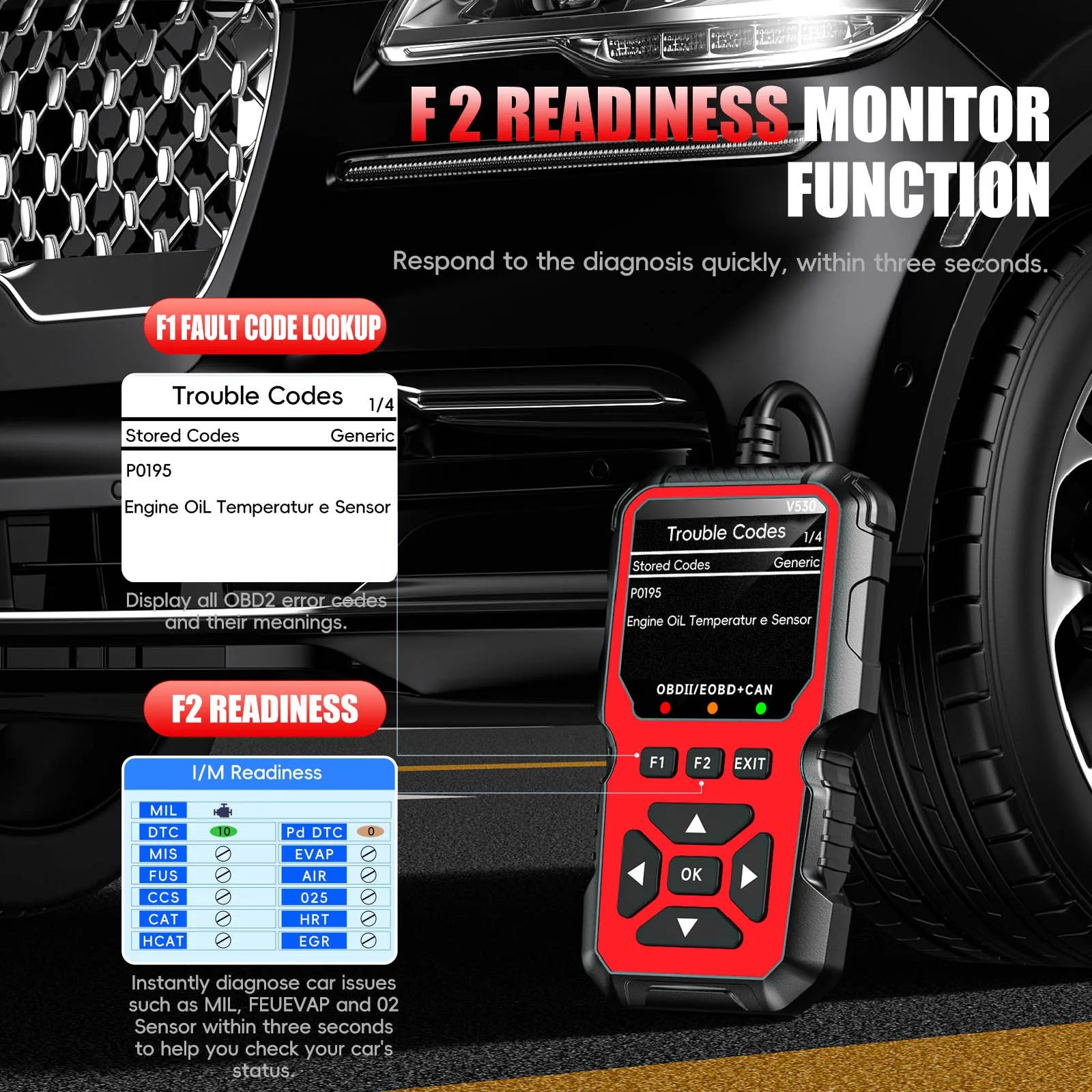 V530 OBD Powered Car Diagnostic Tool with Real Time Data Stream Full-Featured Testing  Clears Engine Fault Lights Reads Vehicles