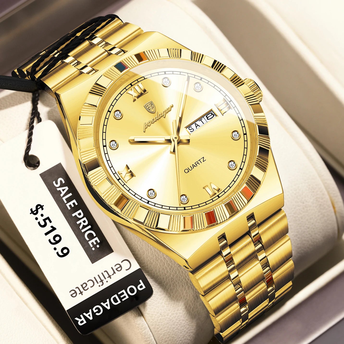 POEDAGAR Luxury Business Male Watch Waterproof Luminous Week Date Men's Wristwatch Stainless Steel Trendy Quartz Watches For Men